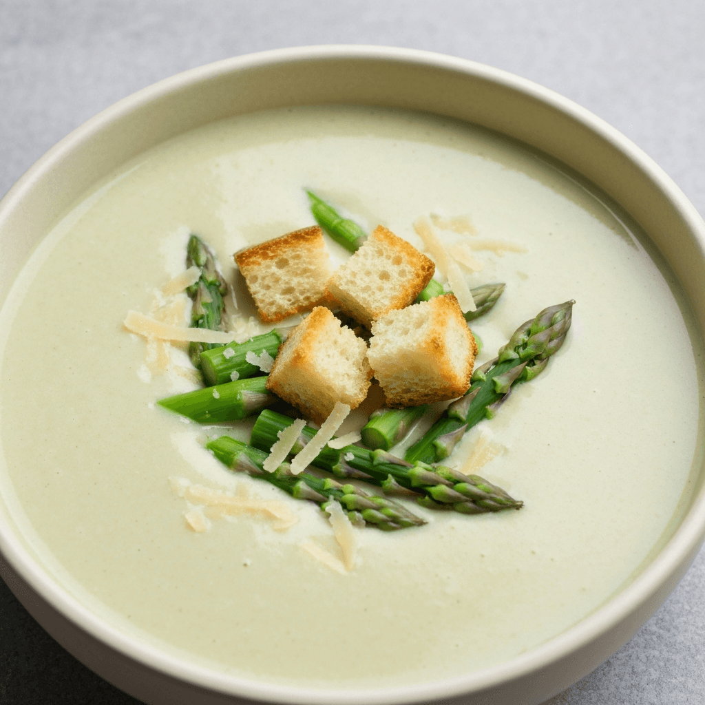 Creamy Asparagus Soup with Parmesan Croutons