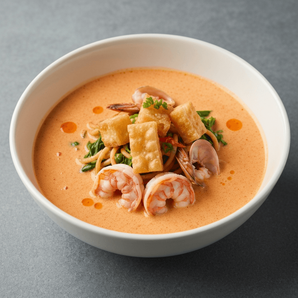 Chilled Seafood Laksa Gazpacho with Roti Croutons