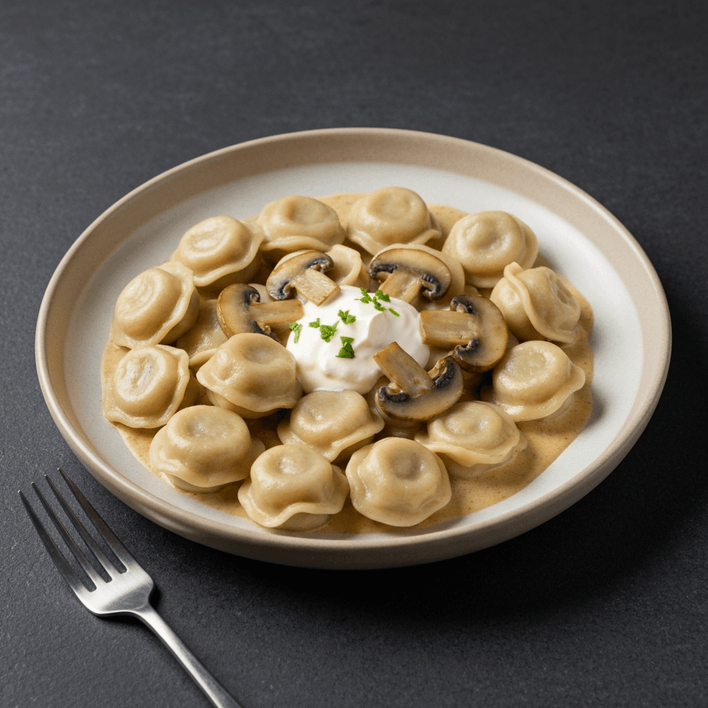 Pelmeni Stroganoff with Mushroom Cream Sauce