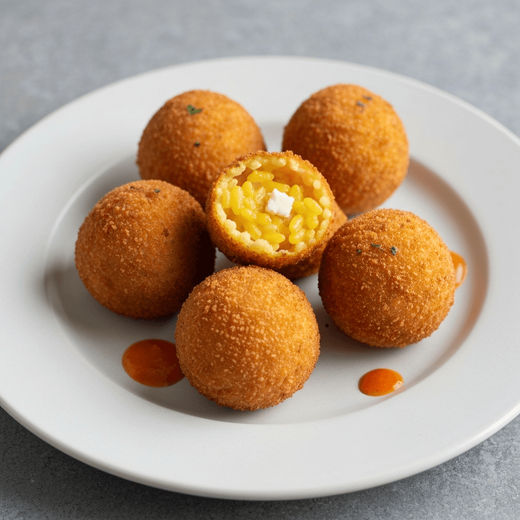 Saffron Arancini with Manchego Cheese and Romesco Sauce