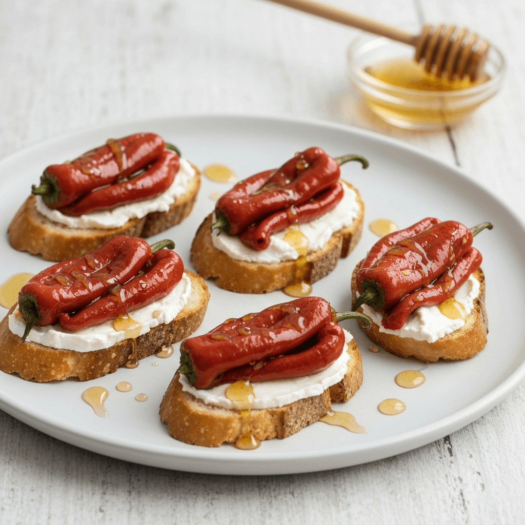 Piquillo Pepper and Goat Cheese Crostini with Honey