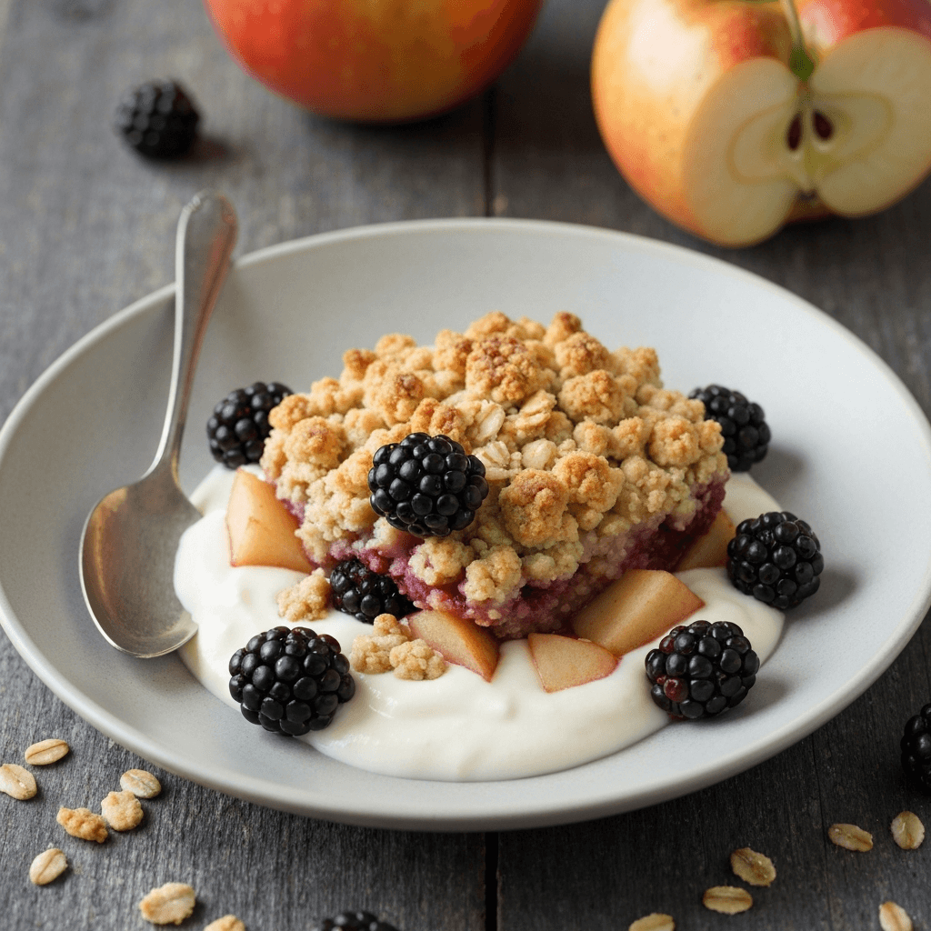 Rustic Jersey Apple and Blackberry Crumble with Jersey Cream