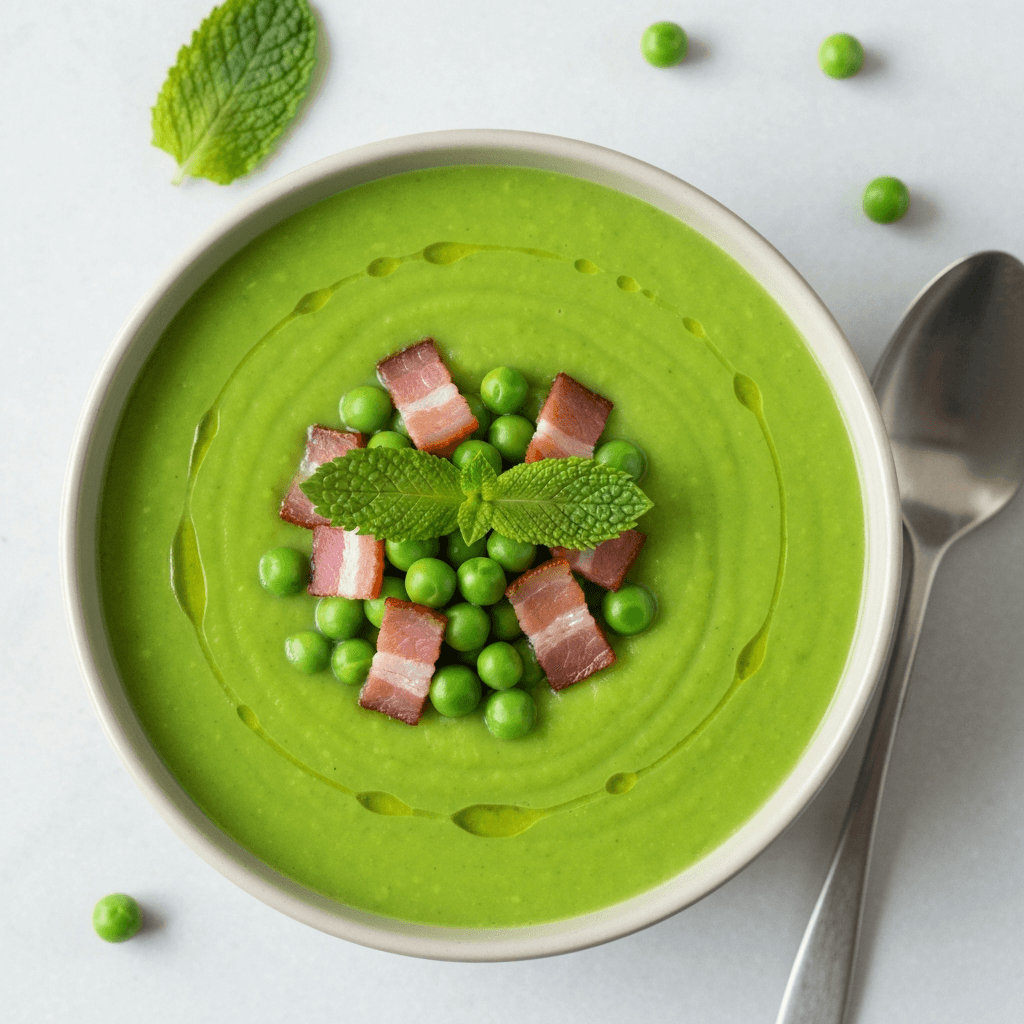 Pea Soup with Mint and Canadian Bacon