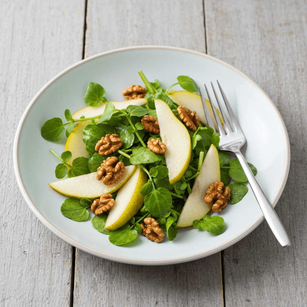 Watercress and Pear Salad with Candied Walnuts