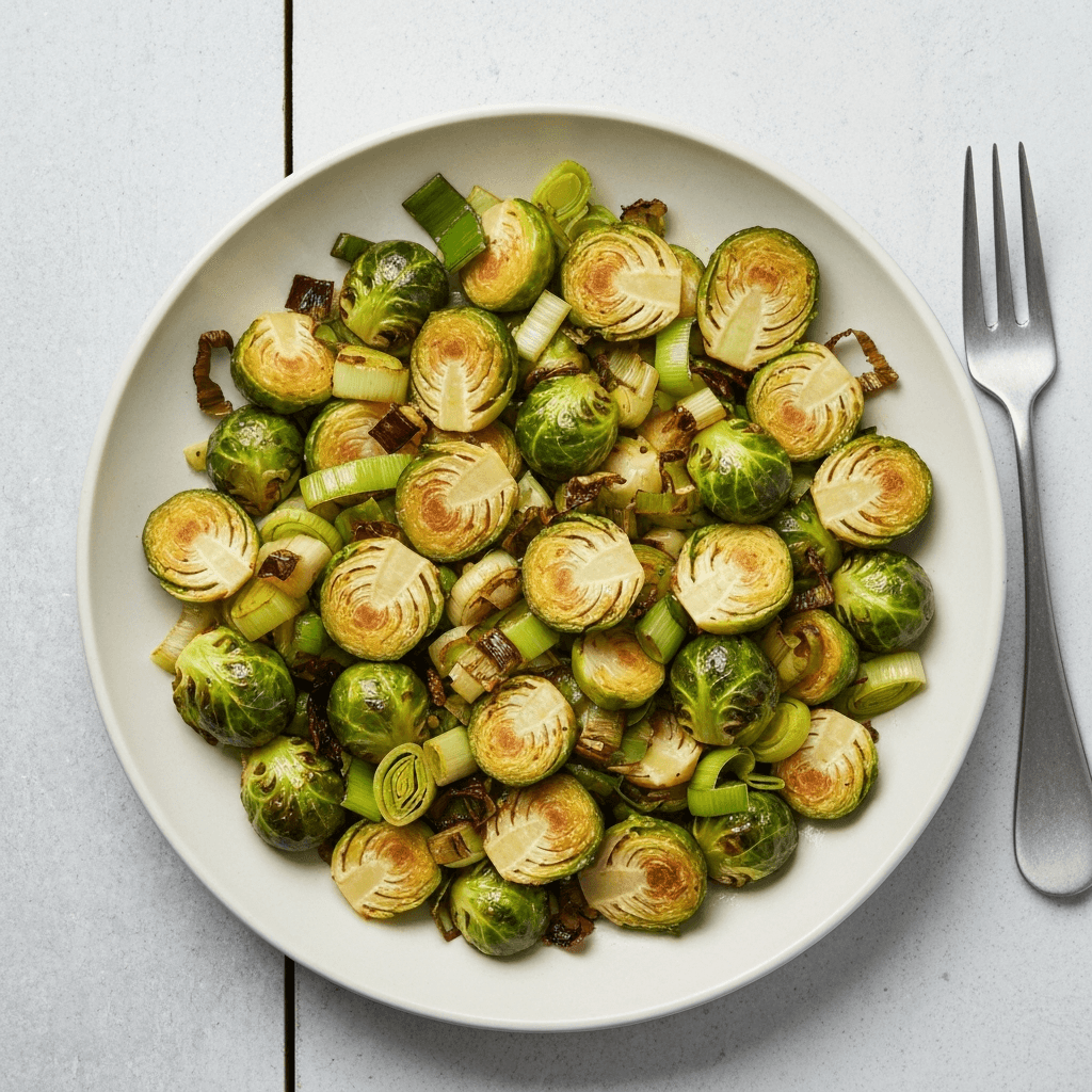 Roasted Brussels Sprouts and Leeks with Lemon-Garlic Dressing