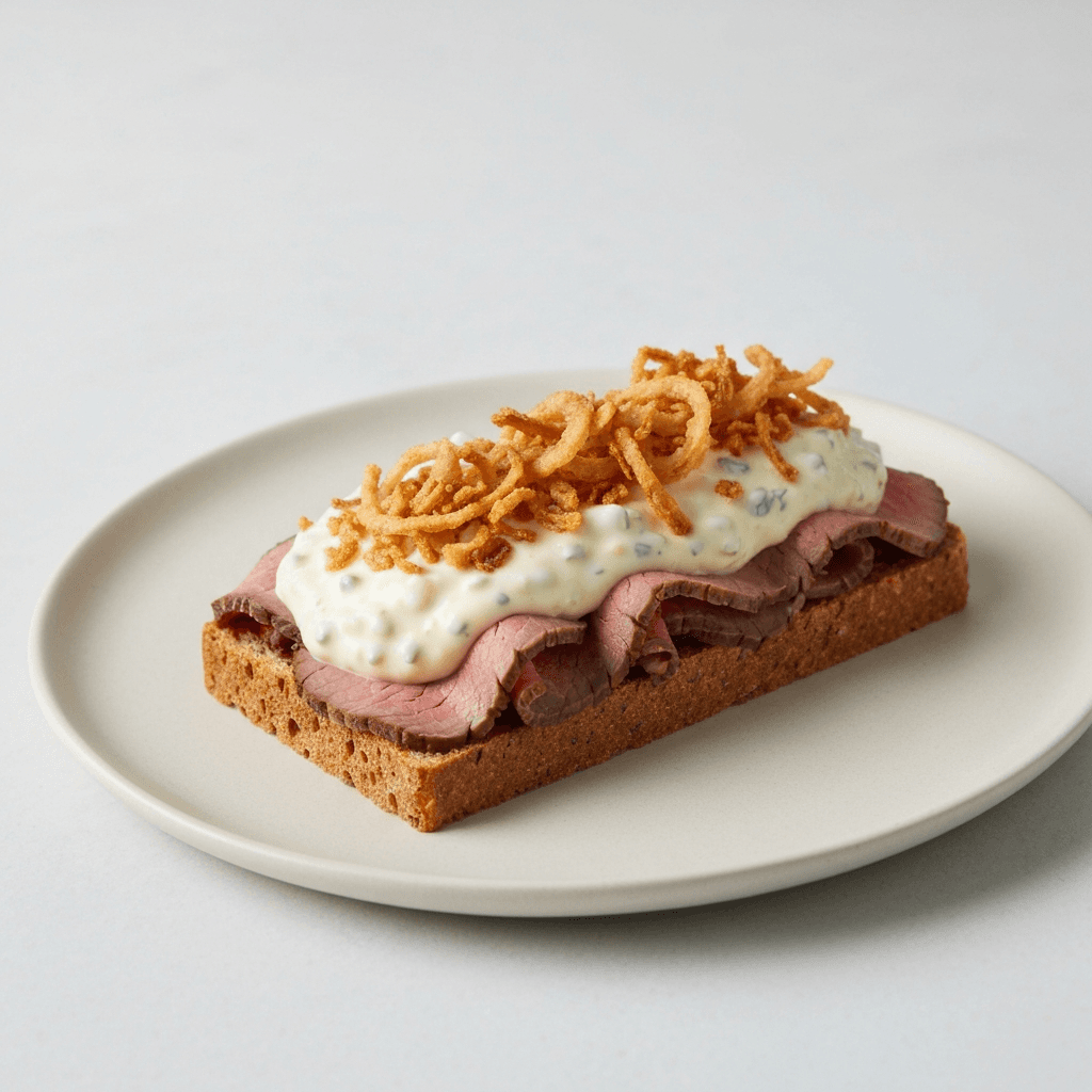 Danish Smørrebrød with Roast Beef, Remoulade, and Crispy Fried Onions