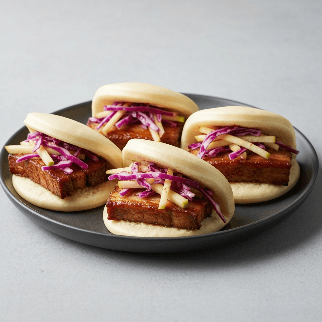 Pork Belly Bao Buns with Pickled Red Cabbage and Apple Slaw