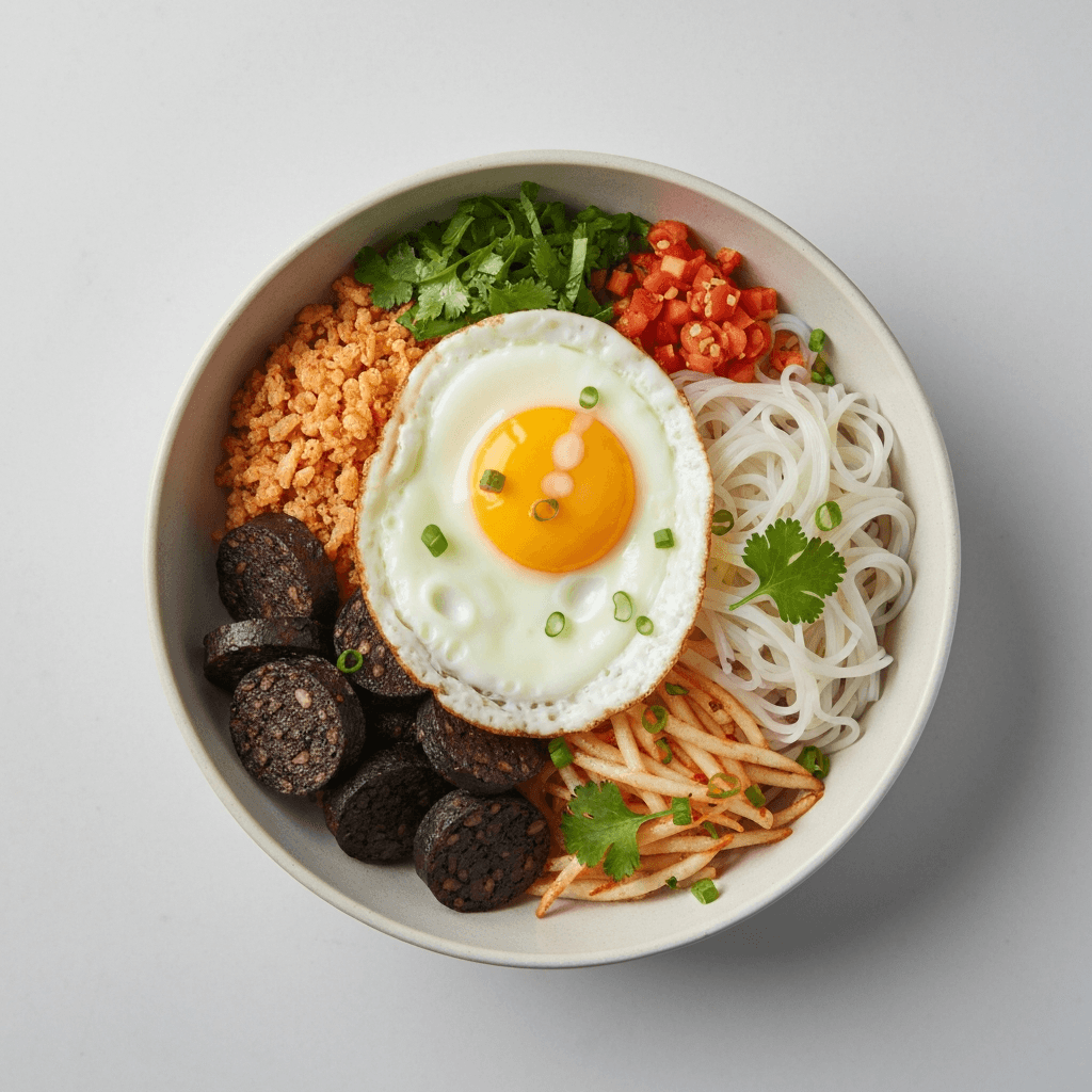 Vietnamese Inspired Breakfast Bowl with Black Pudding and Fried Egg