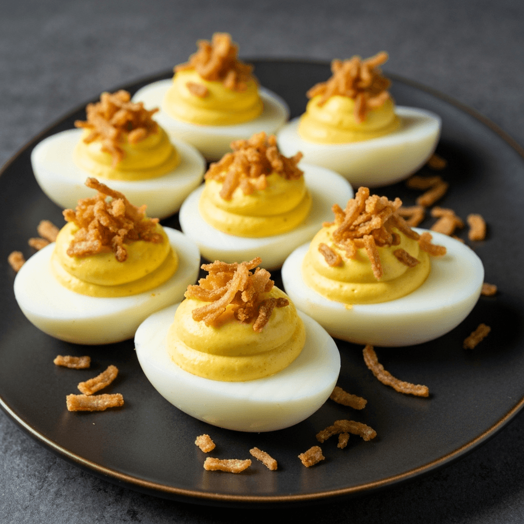 Chili Deviled Eggs with Crispy Fried Onions