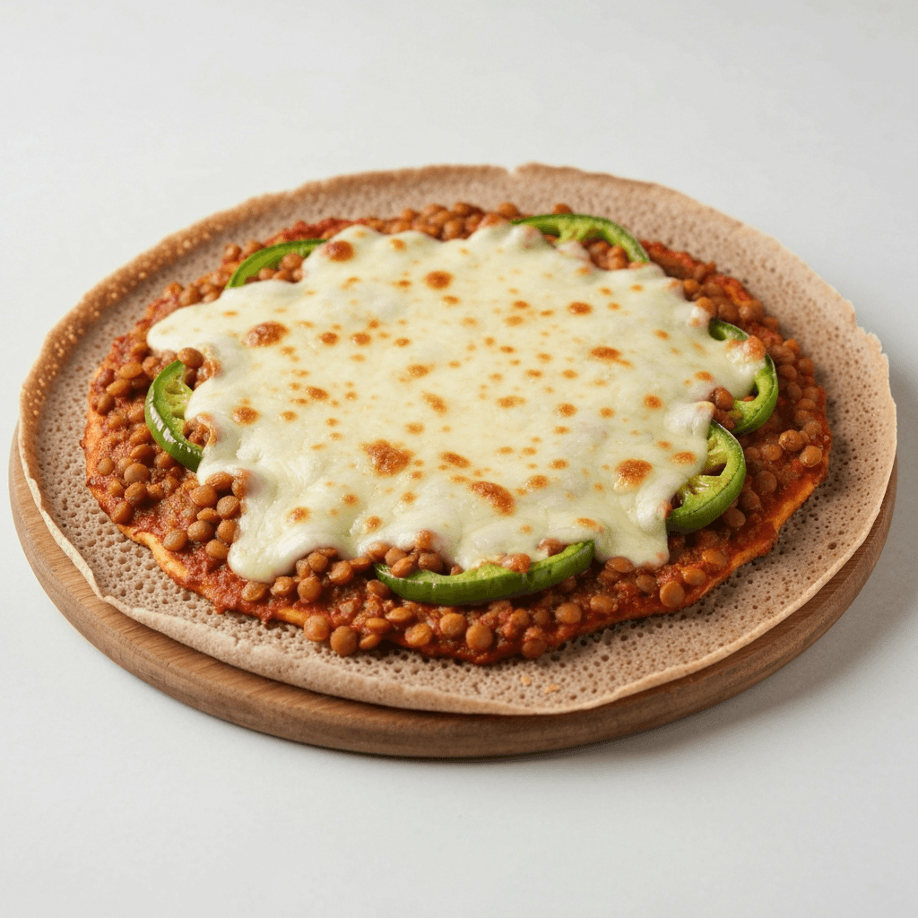 Injera Pizza with Spicy Lentil Topping