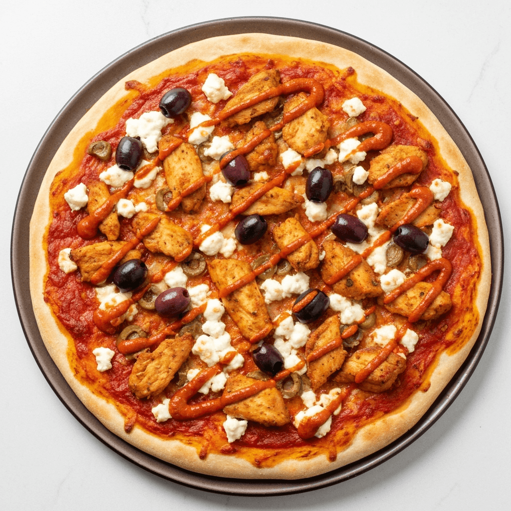 Tagine-Spiced Chicken and Olive Pizza with Feta and Harissa