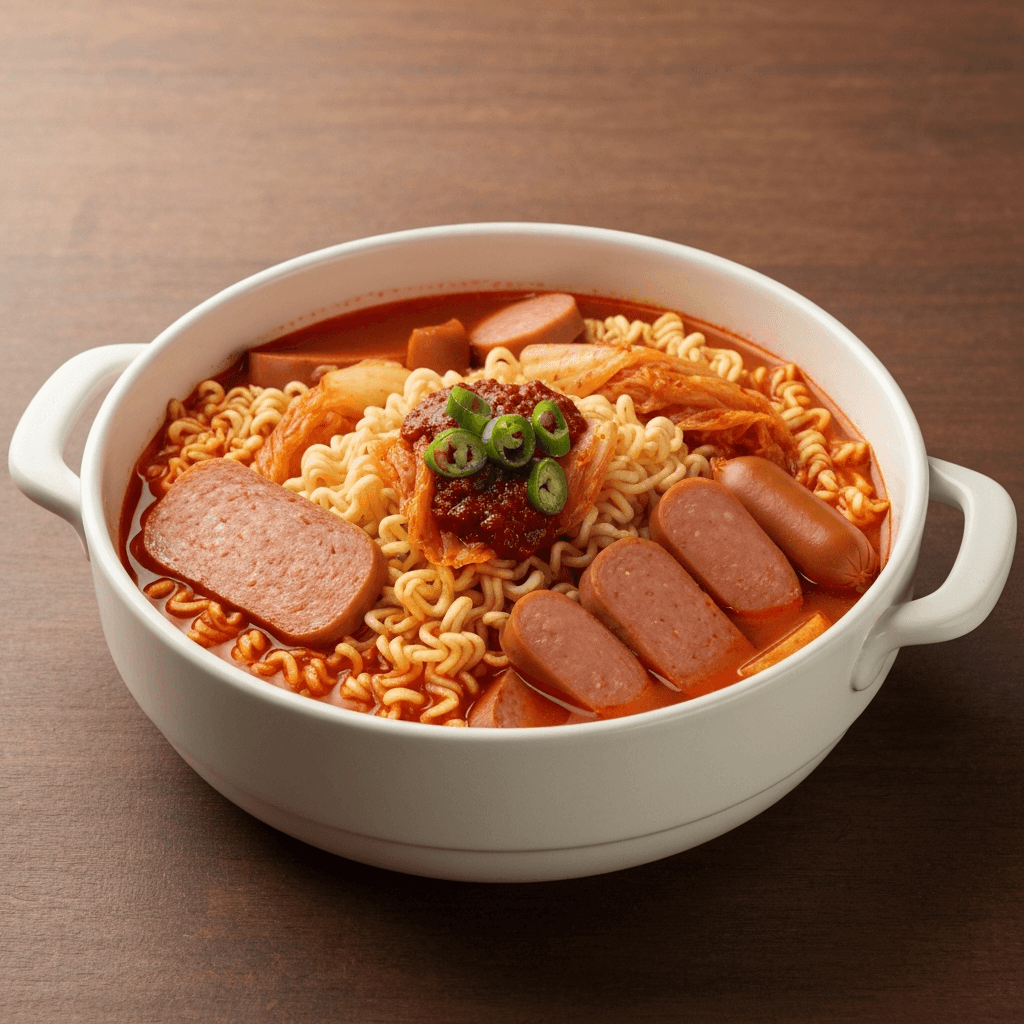 Korean Army Stew (Budae Jjigae) with Ramen, Spam, and Kimchi