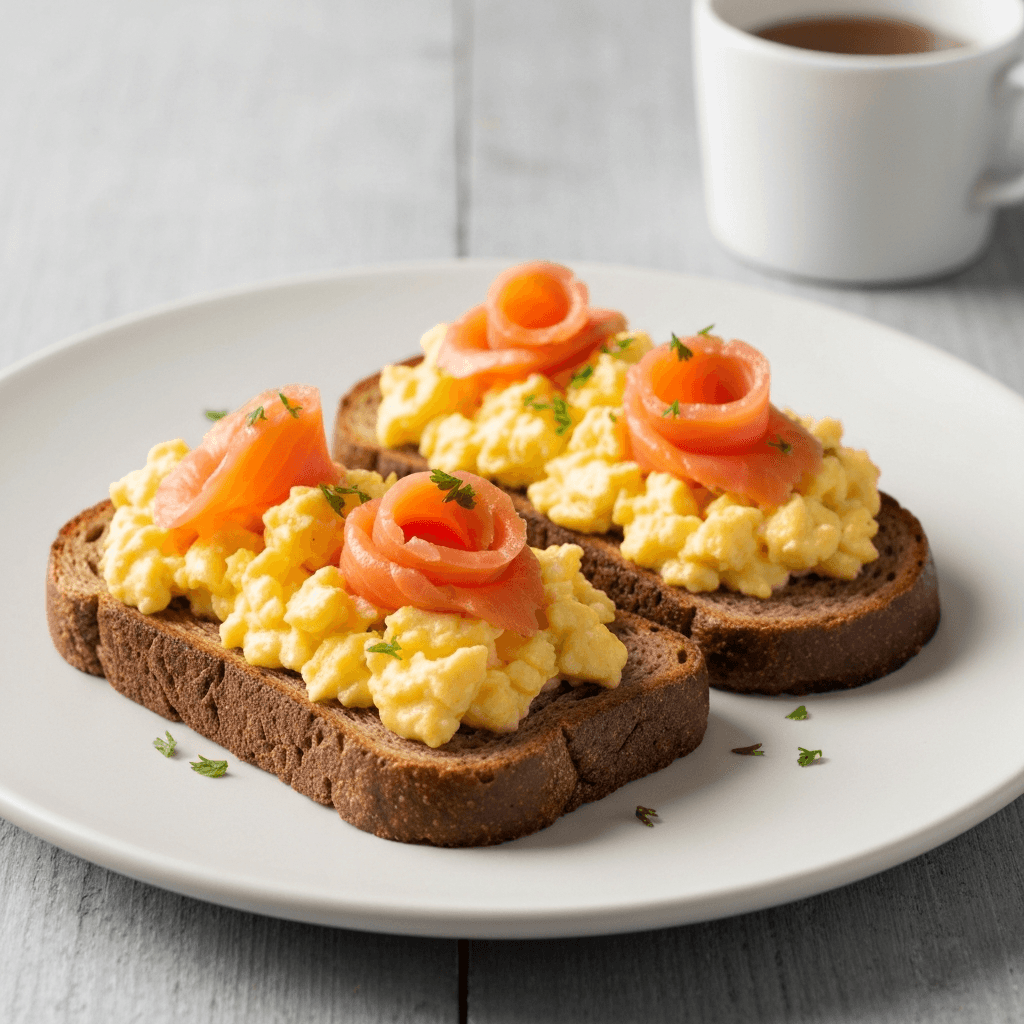 Pan-Fried Rye Bread with Smoked Salmon and Scrambled Eggs