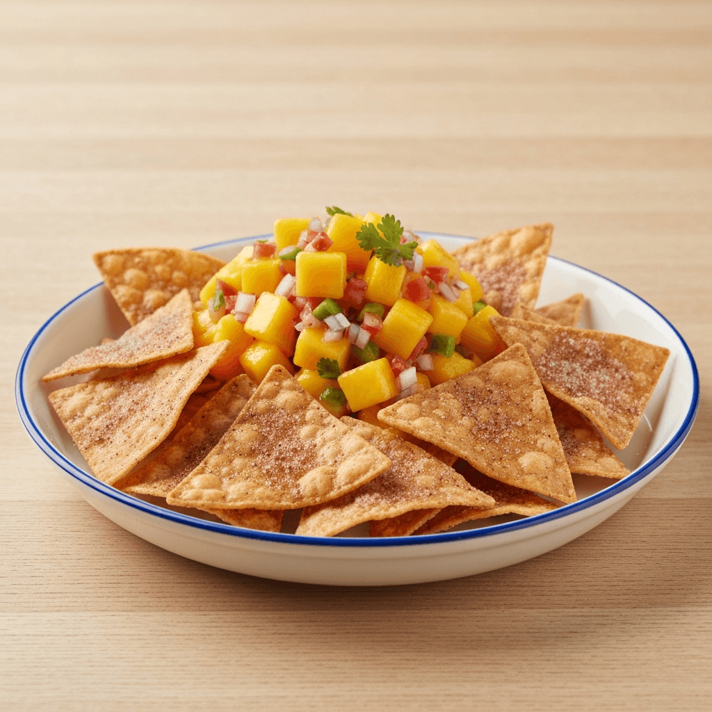 Spicy Mango Salsa & Baked Cinnamon Tortilla Chips