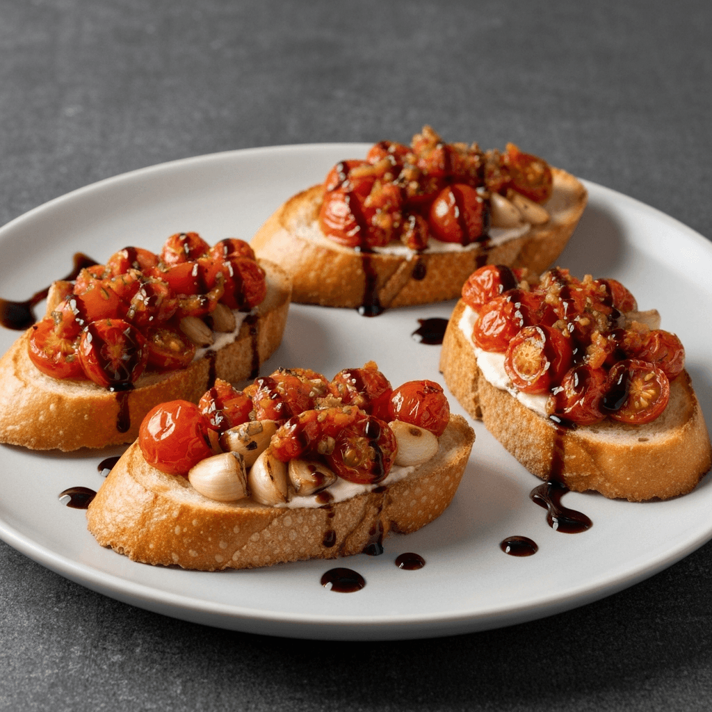 Roasted Garlic and Tomato Bruschetta with Balsamic Glaze