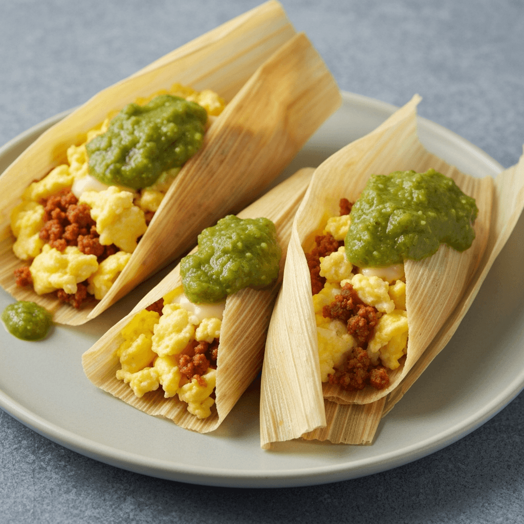 Spicy Chorizo and Egg Tamales with Salsa Verde