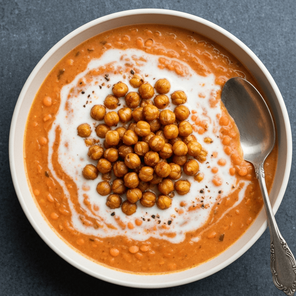 Smoked Paprika & Coconut Milk Red Lentil Soup with Crispy Chickpeas
