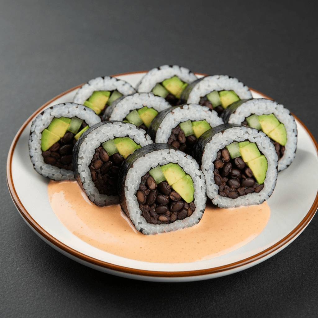 Black Bean and Avocado Sushi Rolls with Spicy Mayo