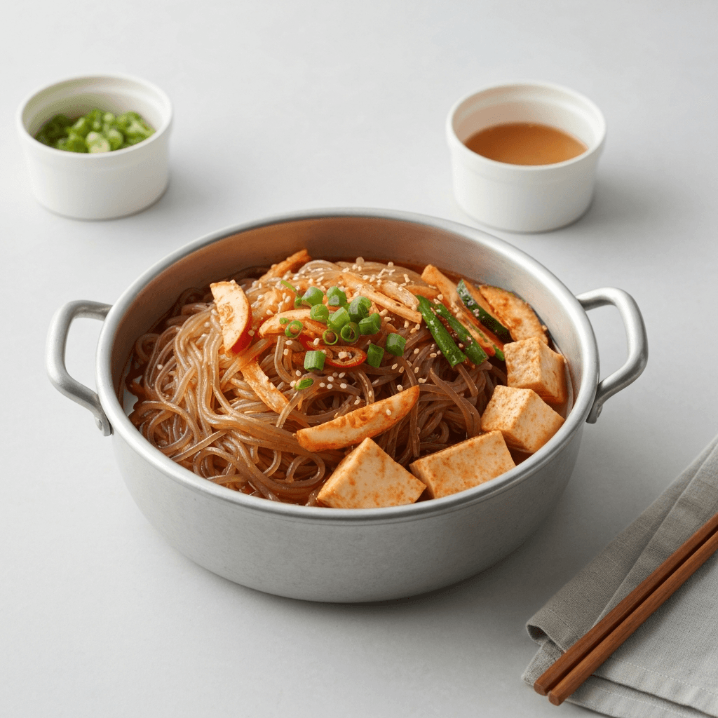 Korean Sweet Potato Noodles (Japchae) Hot Pot with Vegetables