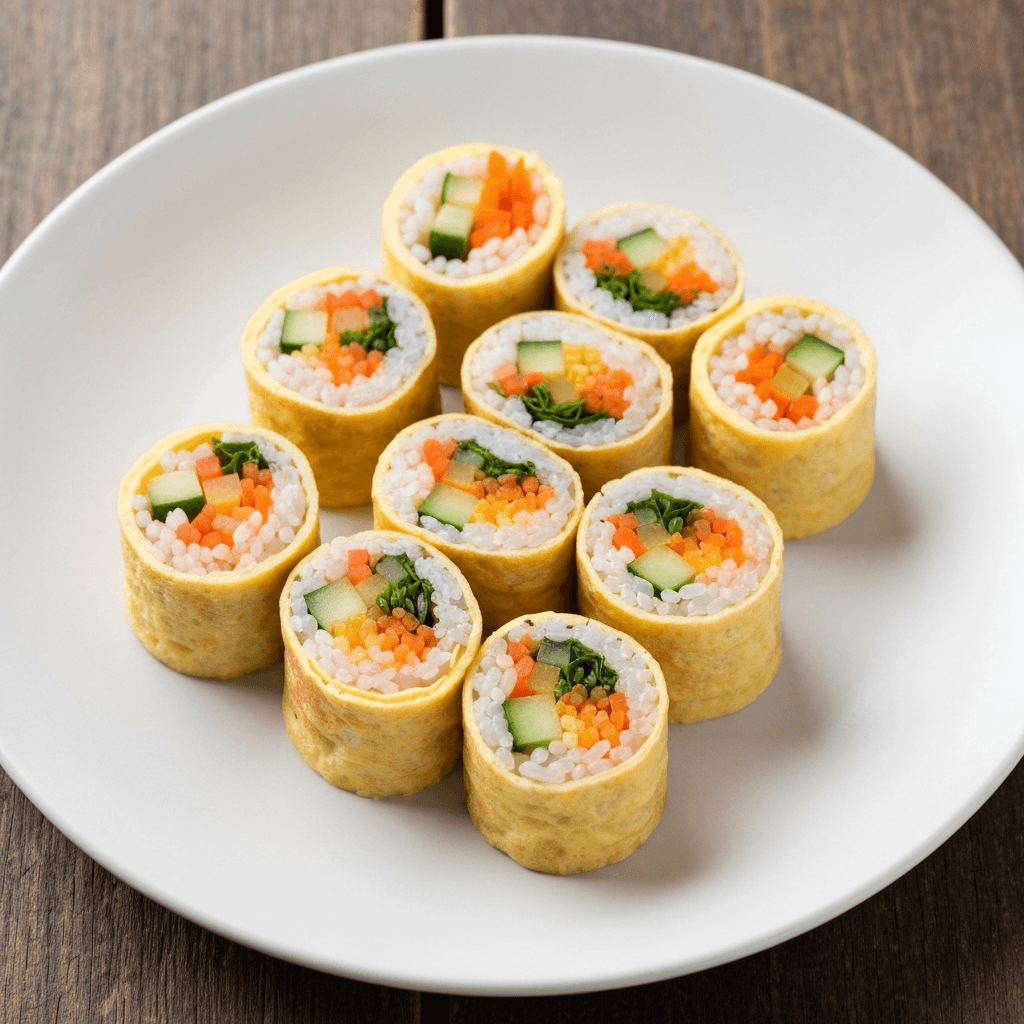 Korean Style Egg Roll (Mari Gimbap) with Vegetables and Rice