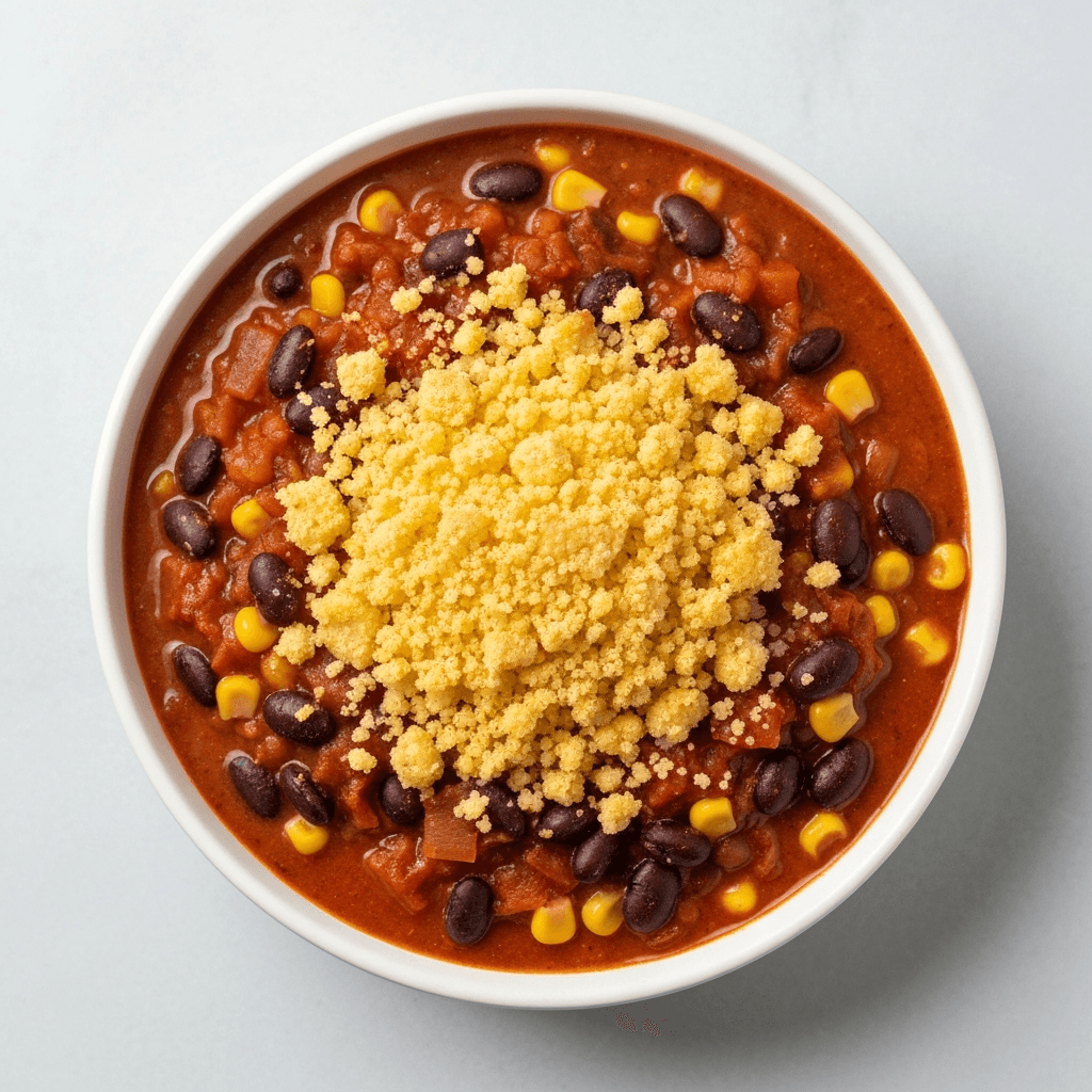 Spicy Vegan Black Bean Chili with Cornbread Crumble Topping