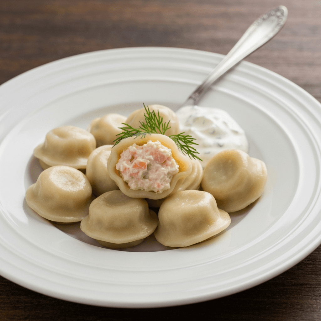 Siberian Pelmeni with Smoked Salmon and Dill Cream