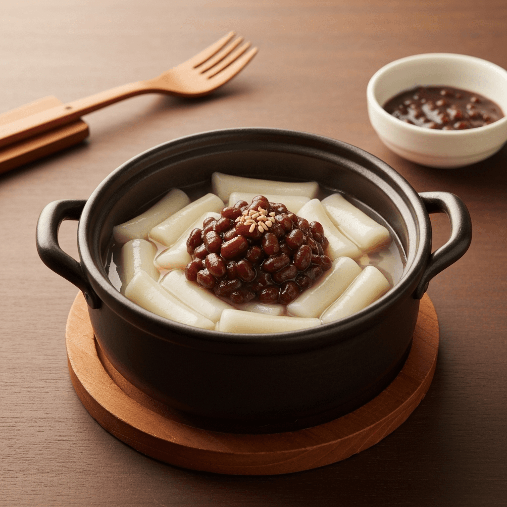 Korean Rice Cake Dessert (Chapssaltteok) Hot Pot with Sweet Red Bean Paste