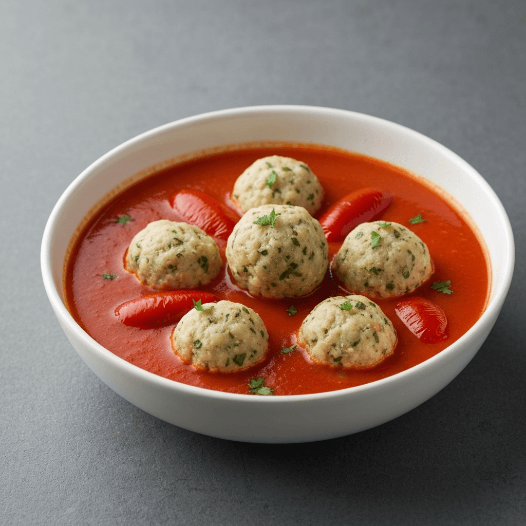 Roasted Red Pepper and Goat Cheese Knödel in Tomato Soup