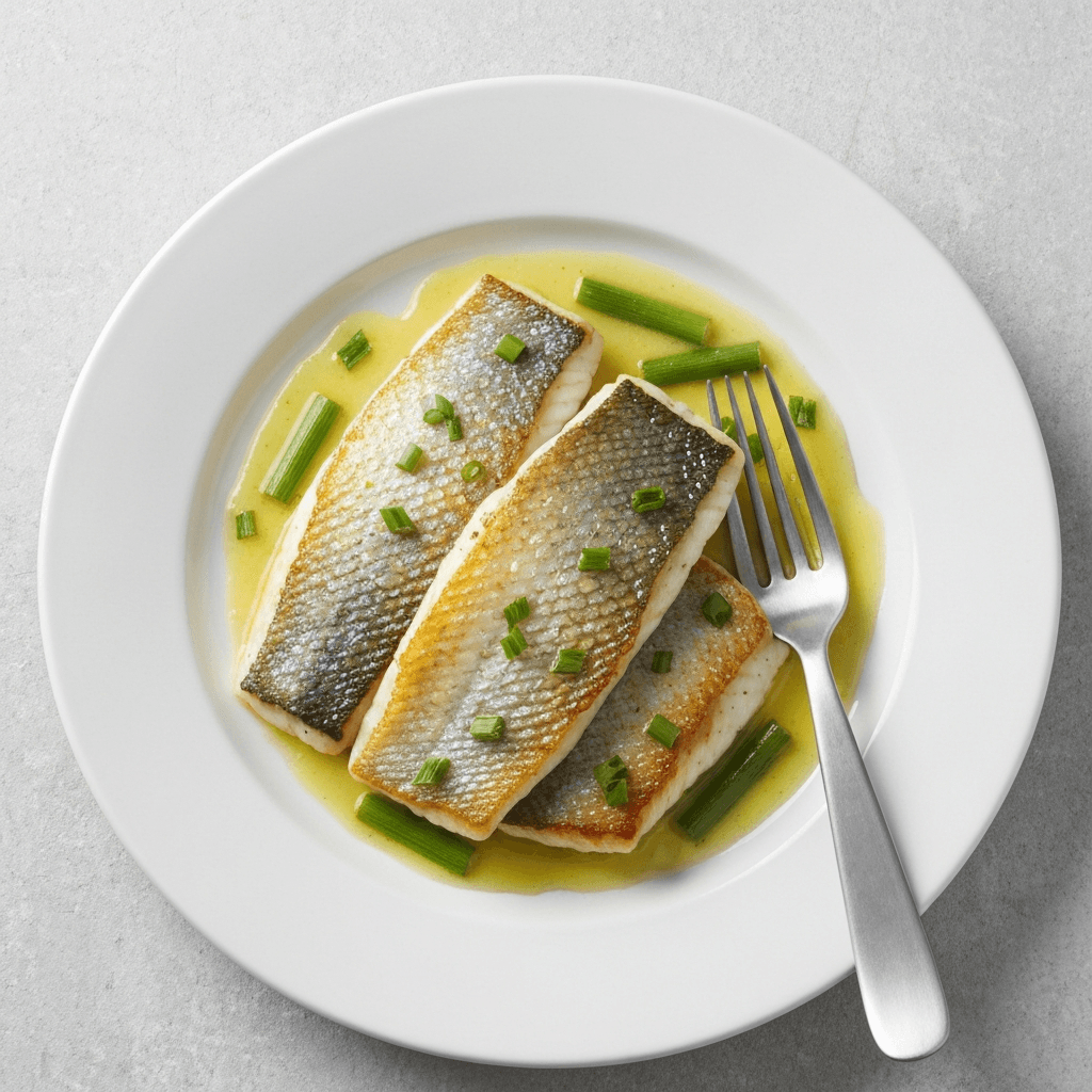 Pan-Fried Sea Bass with Leek and Jersey Cream Sauce