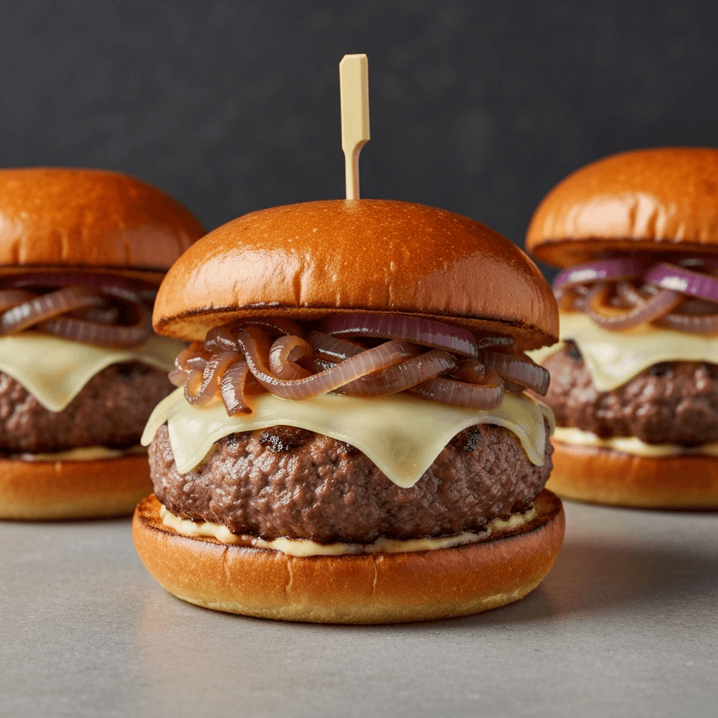 French Onion Soup Burgers with Gruyere and Balsamic Onions