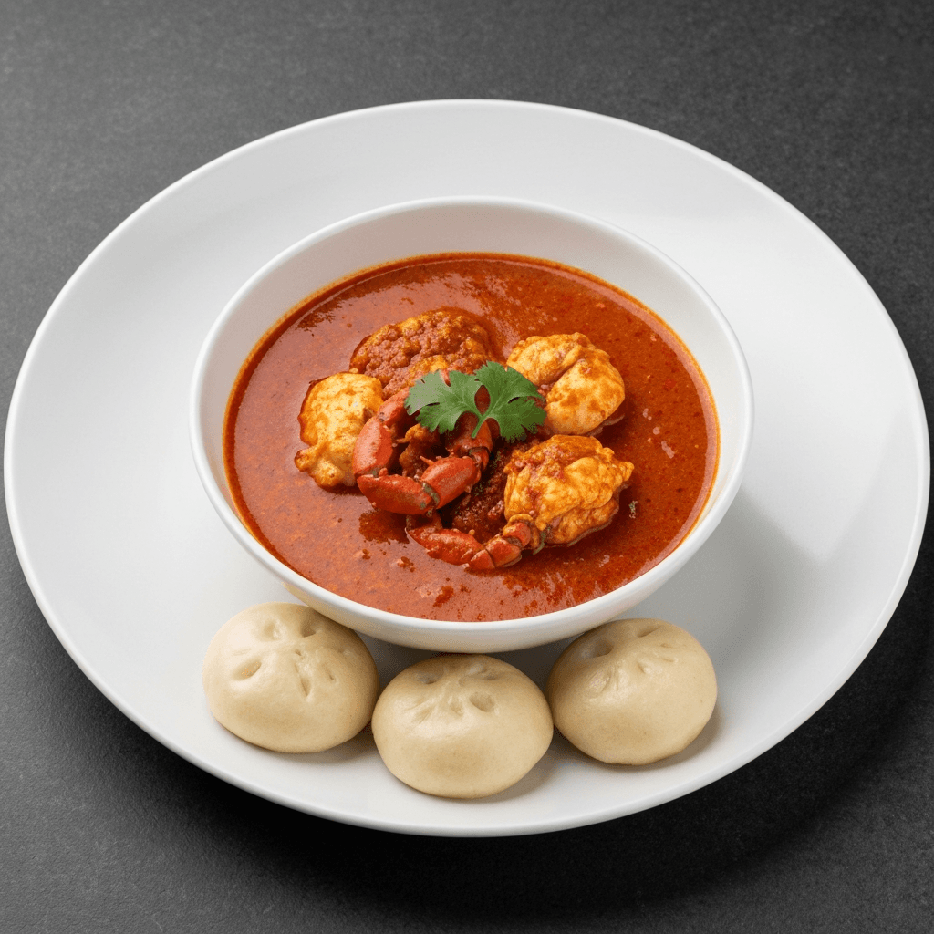 Chili Crab Inspired Sambal Seafood Bisque with Roti John Mantou