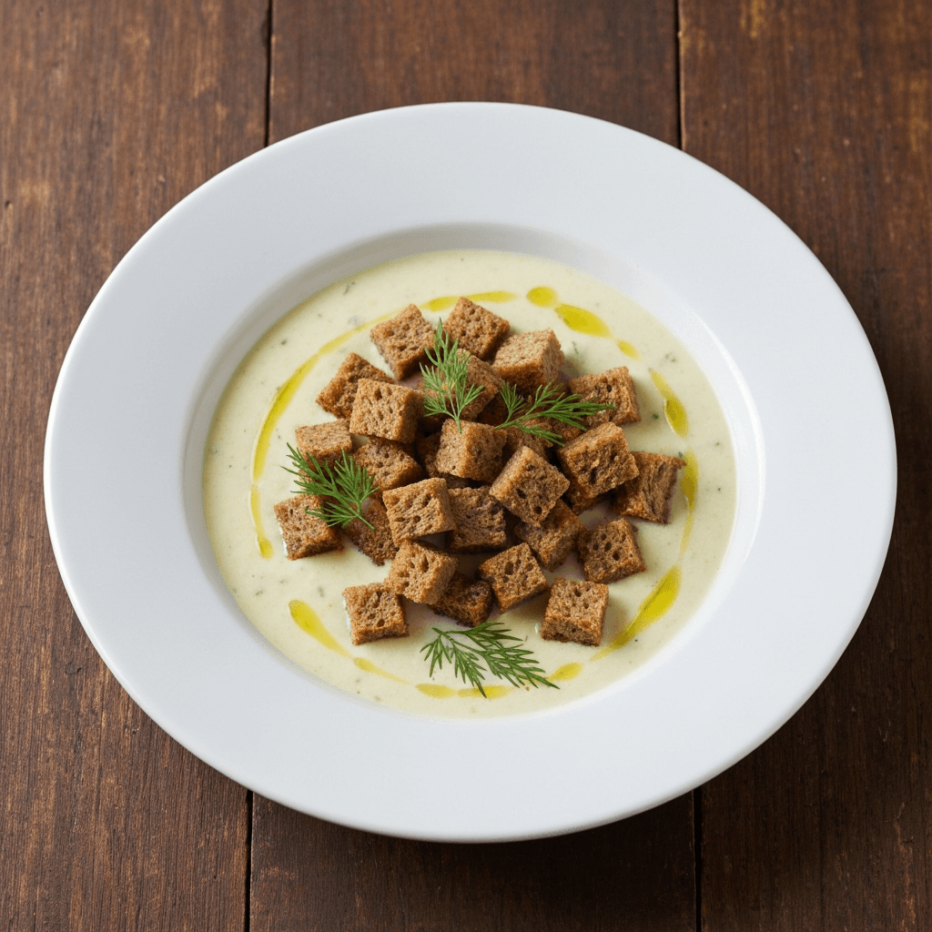 Rye Bread Croutons with Creamy Salmon Soup