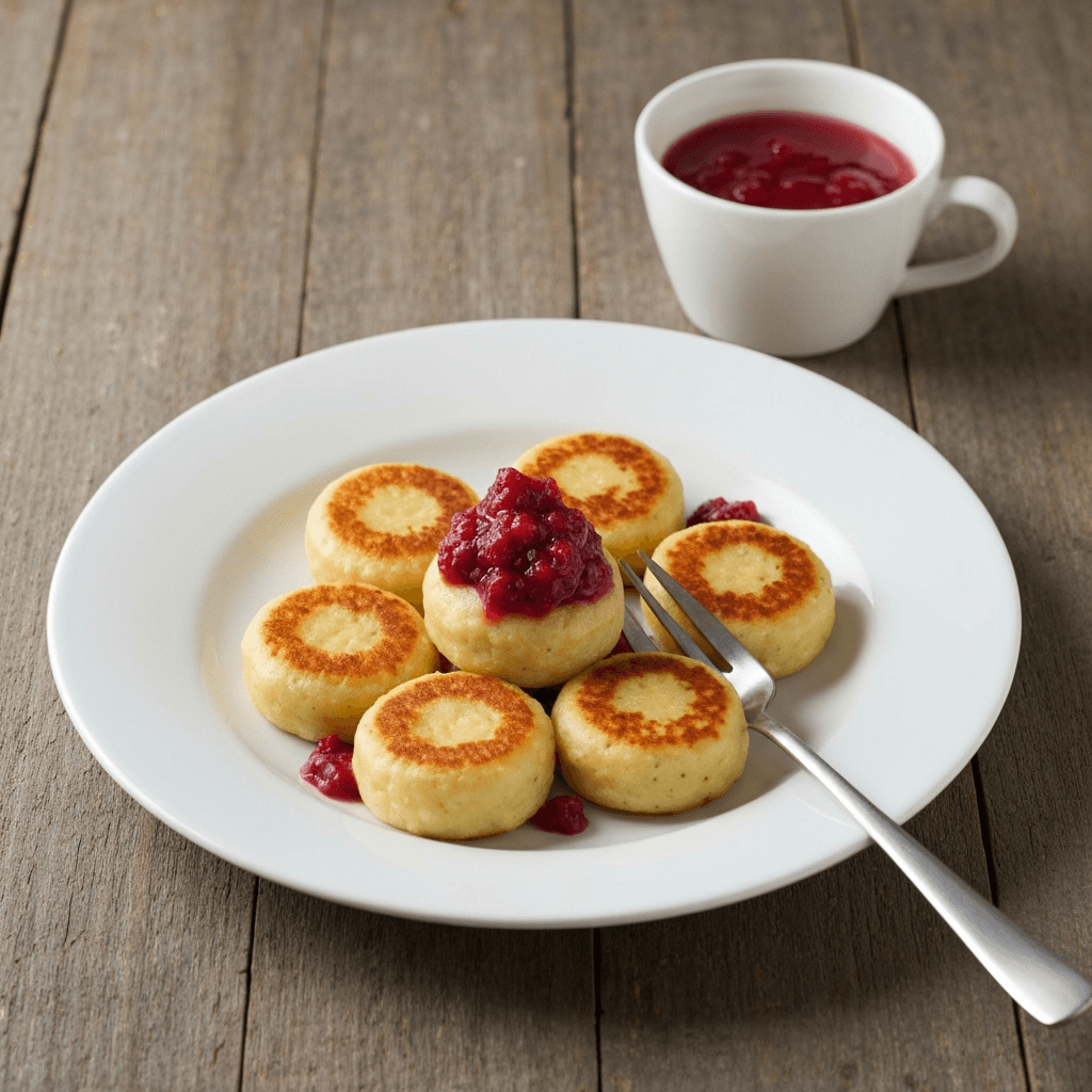 German Quark Cheese Dumplings (Quarkkeulchen) with Fruit Compote