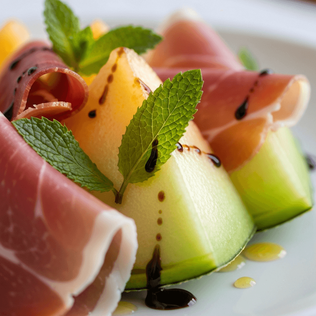 Prosciutto-Wrapped Melon with Mint and Balsamic Glaze