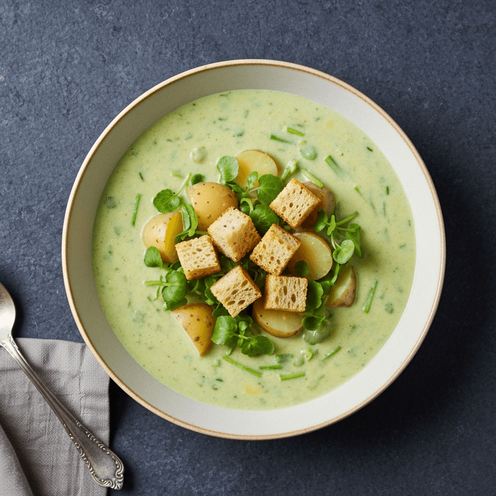 Jersey Royal Potato and Watercress Soup with Crispy Croutons