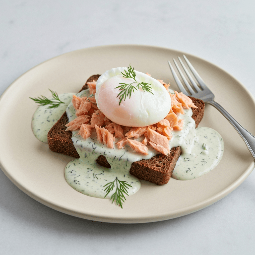 Rye Bread and Salmon Soup Toast with Poached Egg