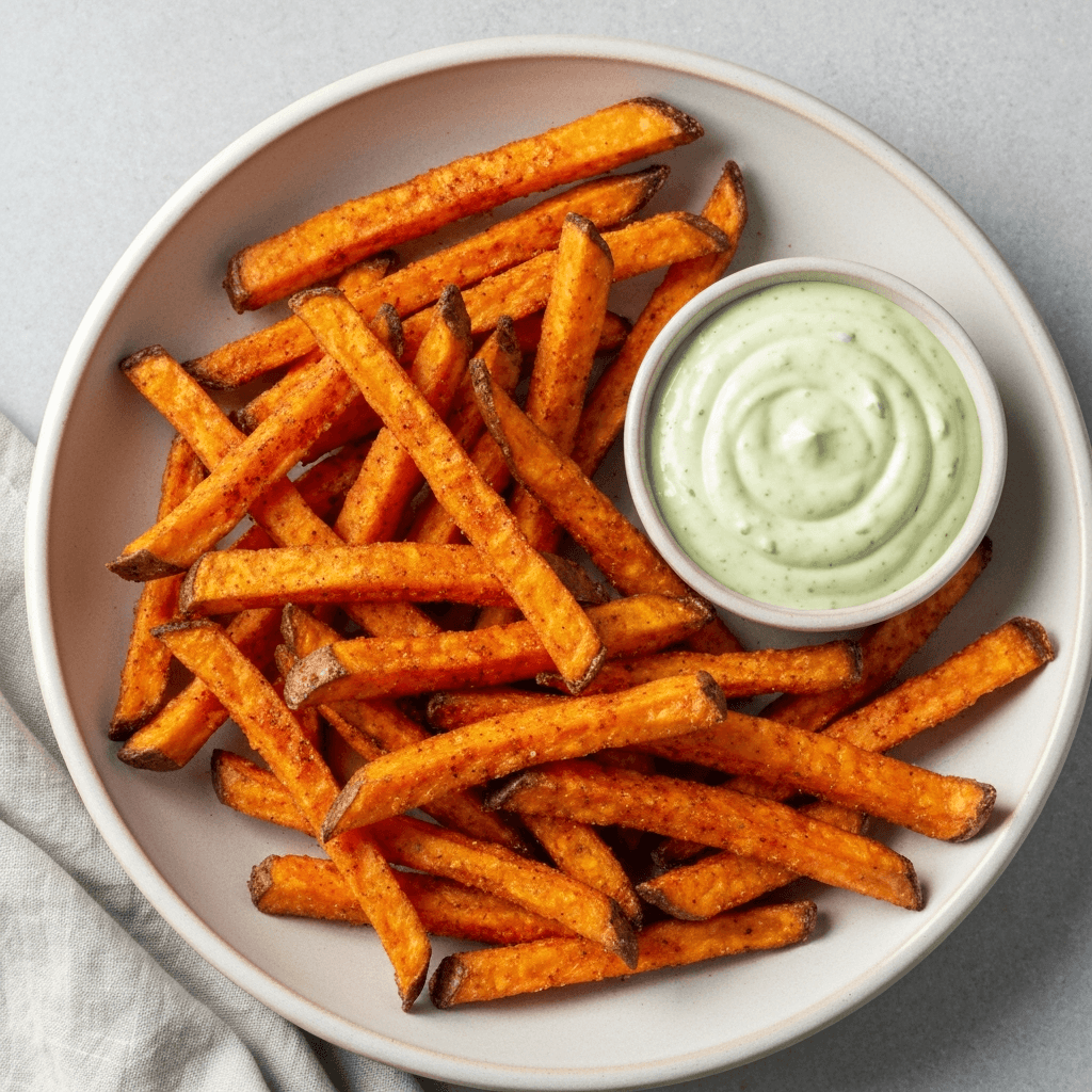 Chili-Dusted Sweet Potato Fries with Avocado Ranch