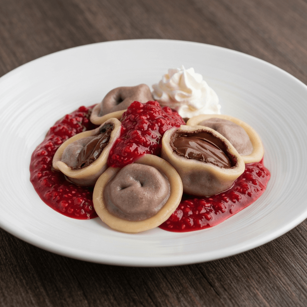Chocolate Pelmeni with Raspberry Sauce and Whipped Cream