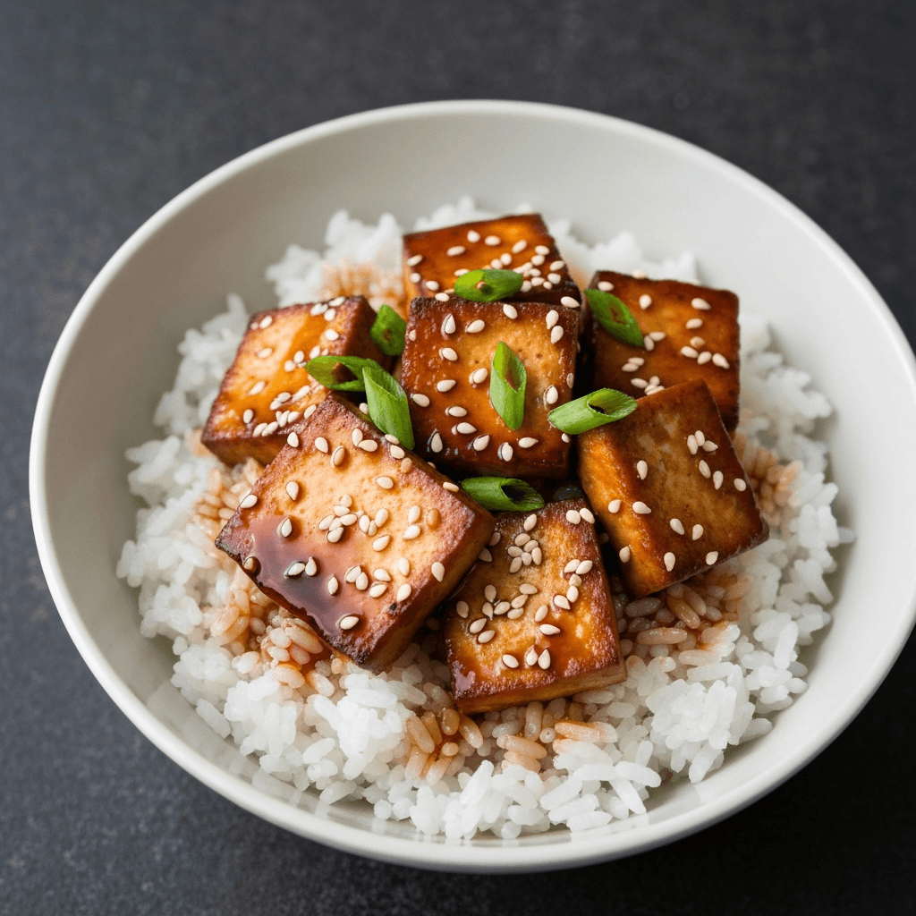 Vegan Tofu Steak Donburi with Teriyaki Glaze & Sesame Seeds