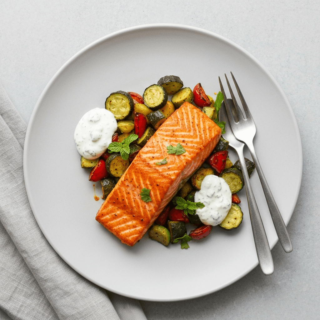 Tandoori Salmon with Roasted Vegetables and Mint Yogurt