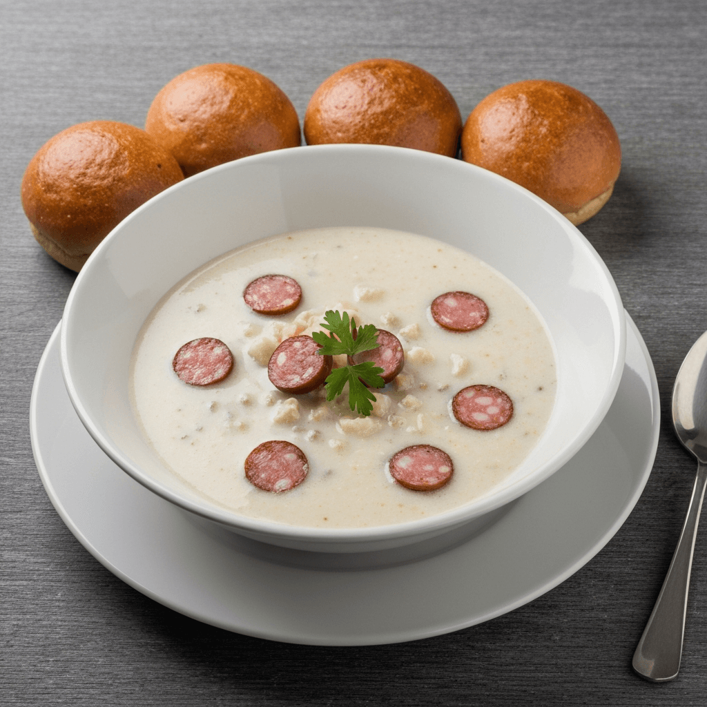 Creamy White Borscht (Zurek) with Smoked Sausage and Rye Pampushky
