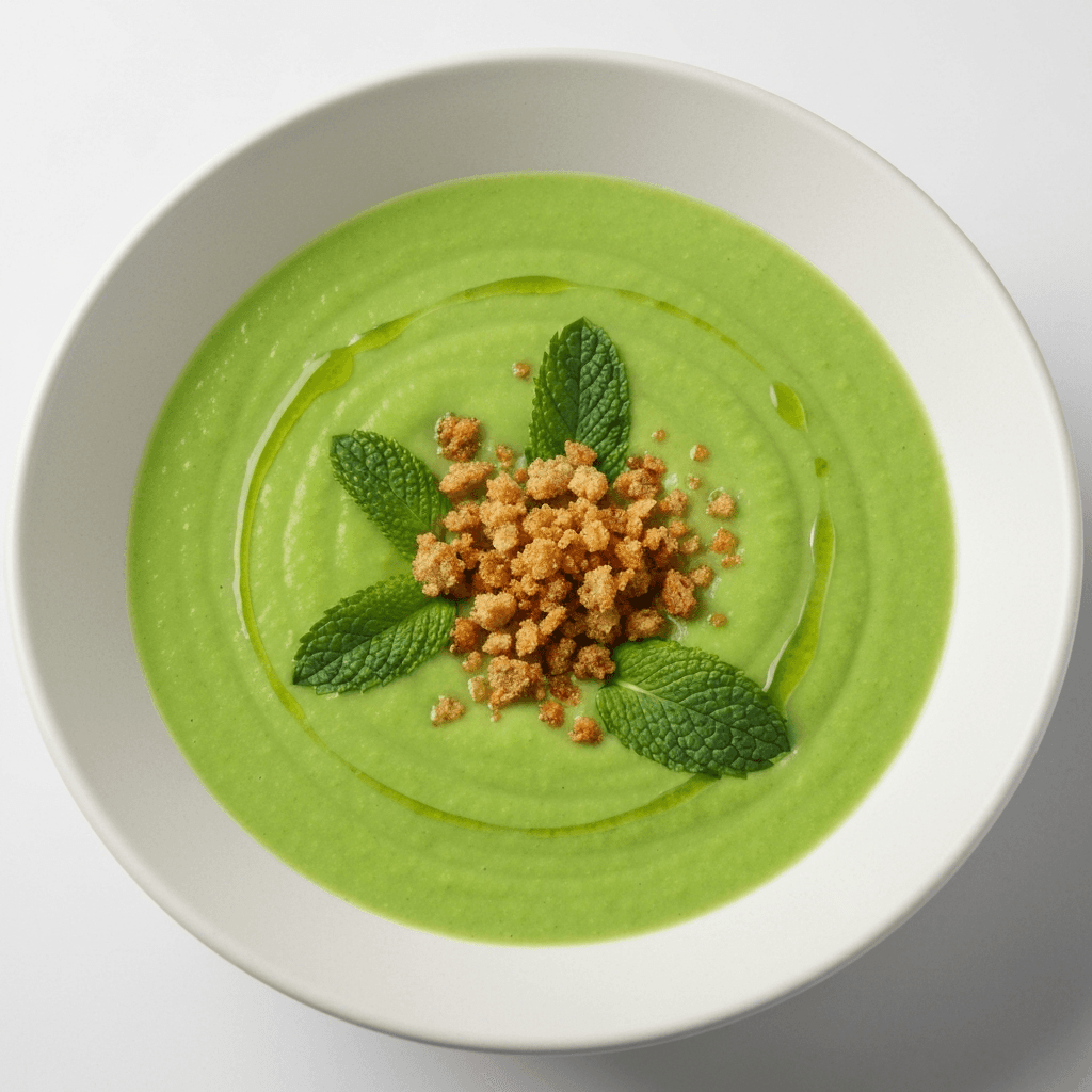 Pea & Mint Soup with Rye Crumb Topping