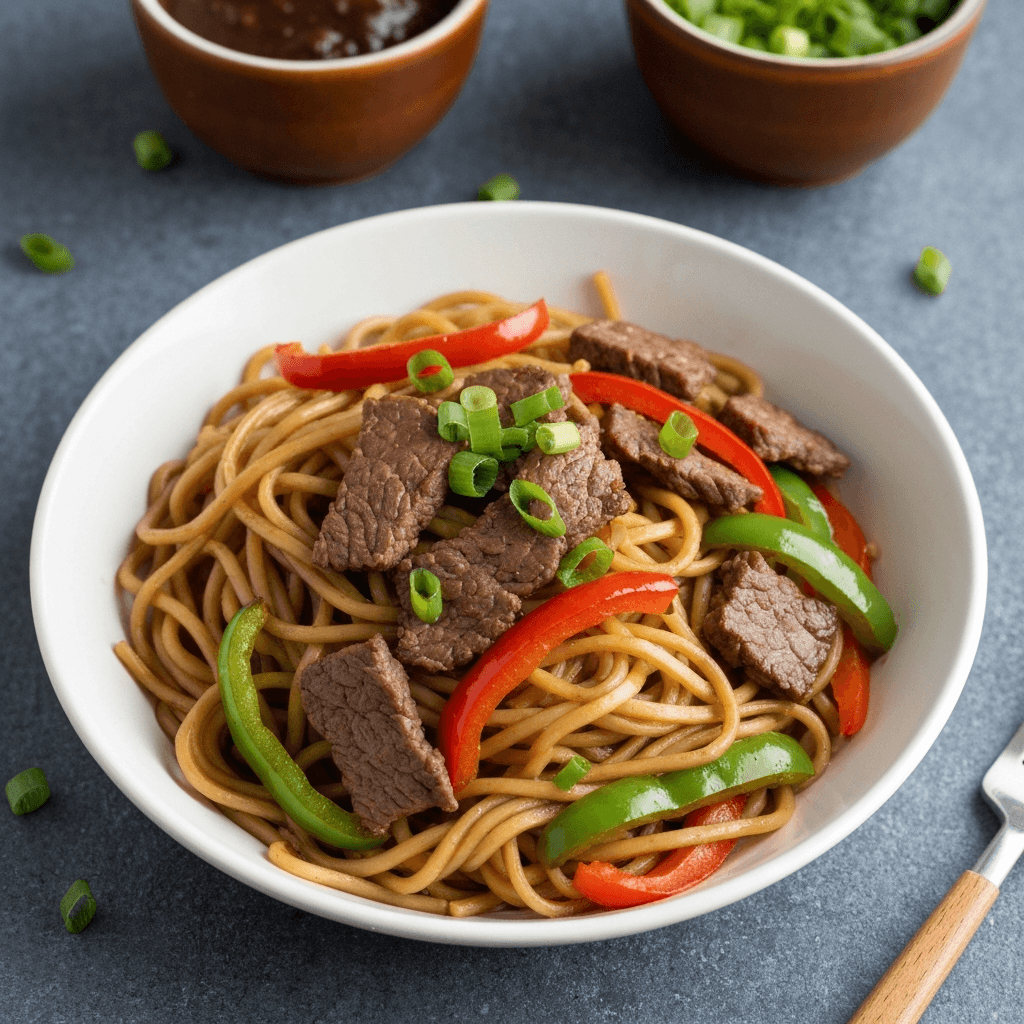 Black Bean Garlic Noodles with Beef and Bell Peppers