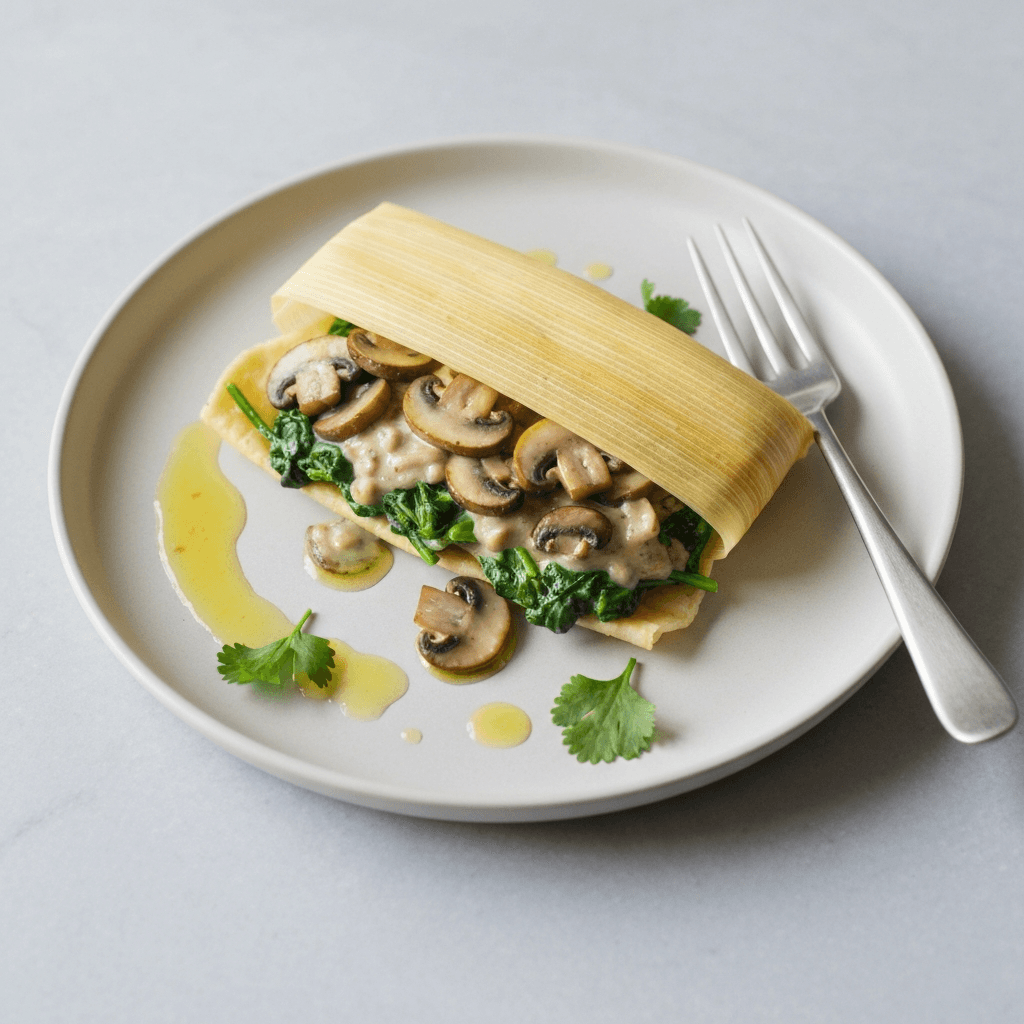 Creamy Mushroom and Spinach Tamales with Truffle Oil