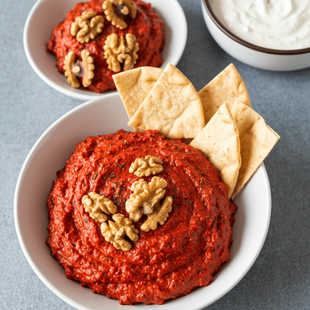 Spicy Roasted Red Pepper & Walnut Dip with Pita Chips