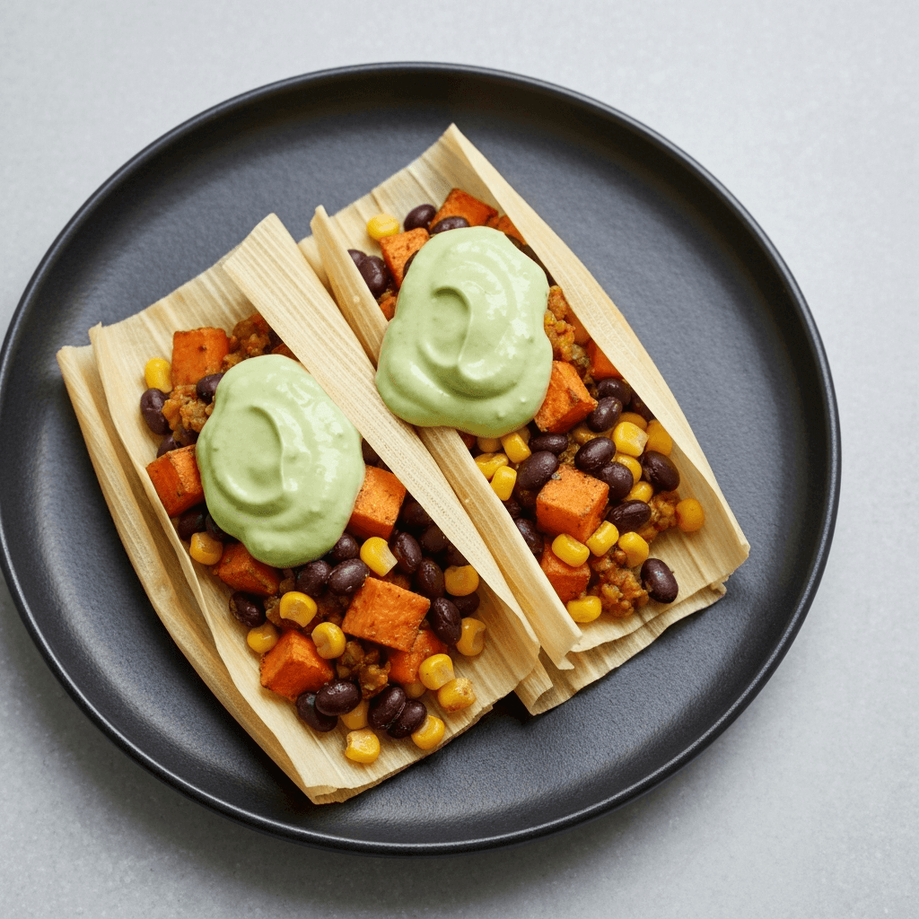 Black Bean and Sweet Potato Tamales with Avocado Crema (Vegan)
