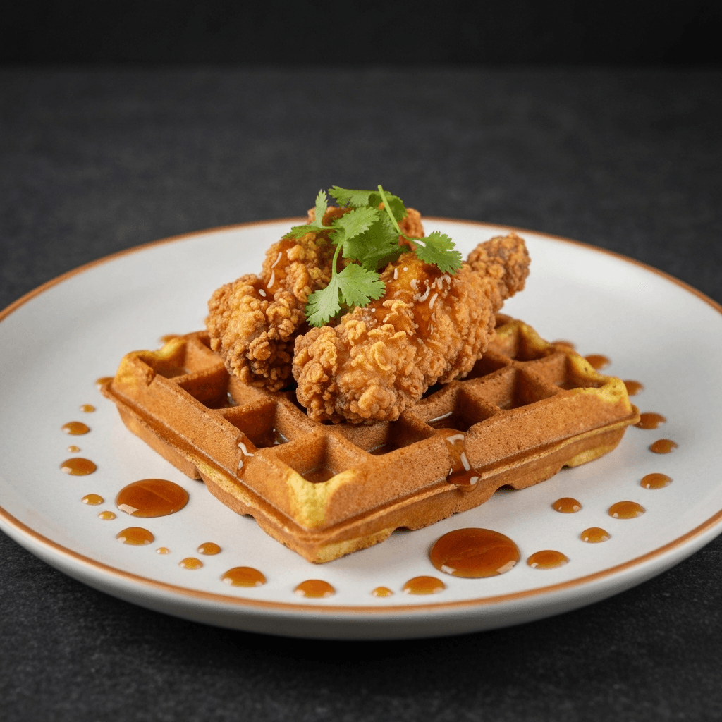 Curry Mee Sourdough Waffles with Crispy Chicken & Gula Melaka Syrup