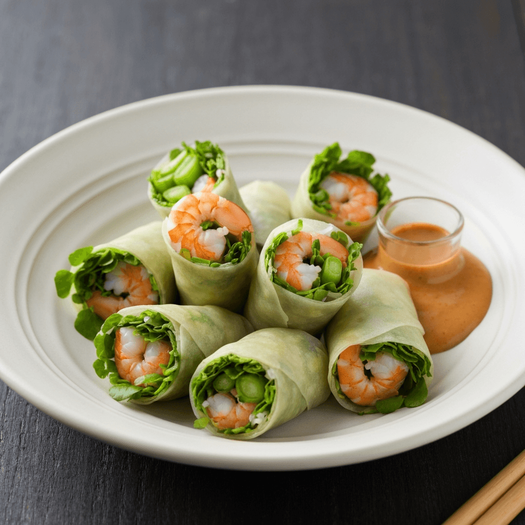Watercress and Shrimp Spring Rolls with Hoisin-Peanut Dip