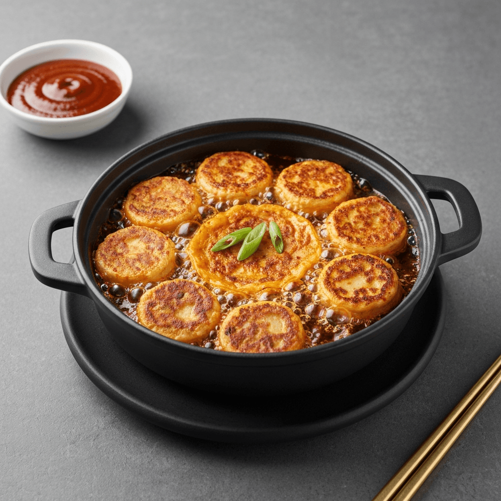 Kimchi Pancake Bites Hot Pot with Gochujang Dip