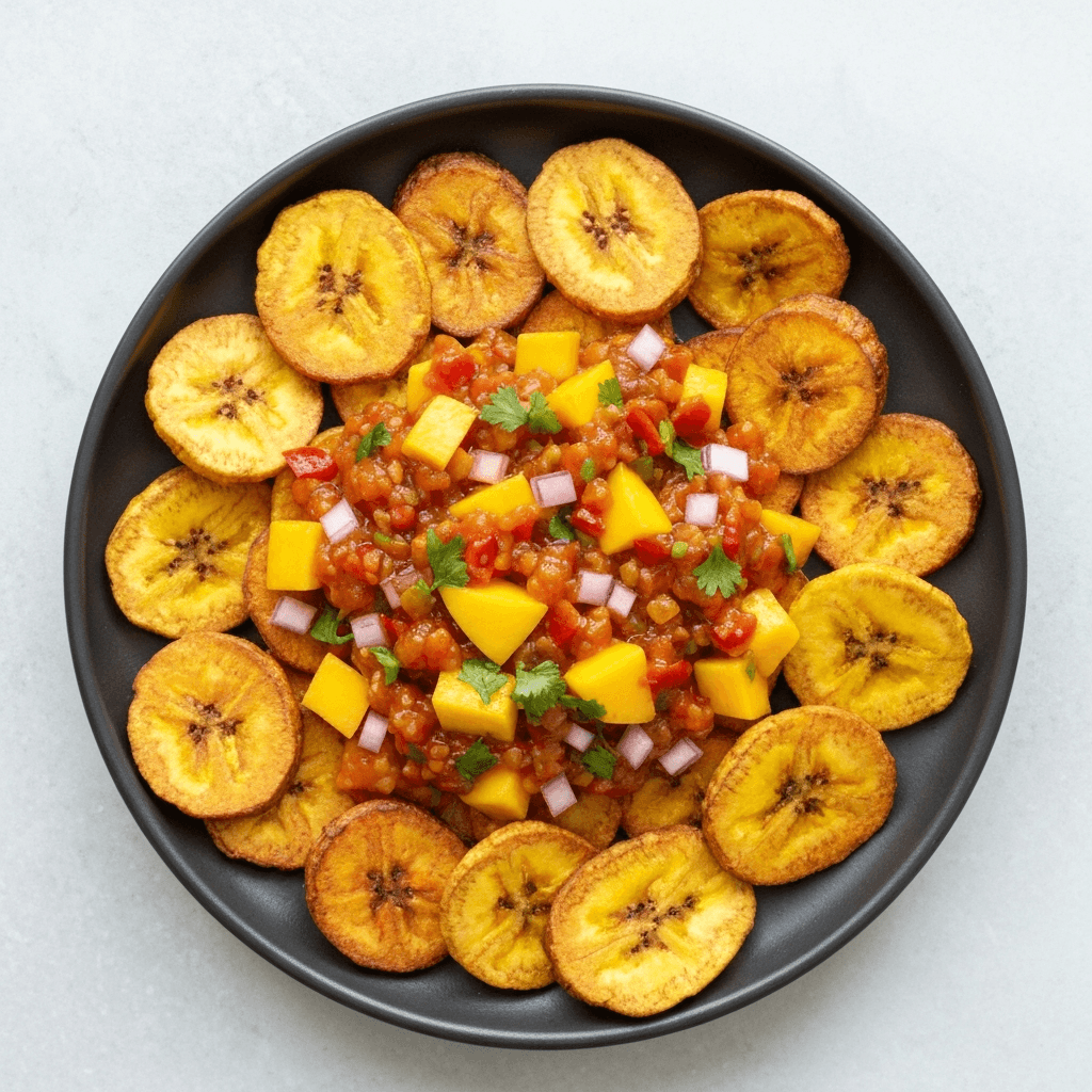 Spicy Mango Salsa with Baked Plantain Chips